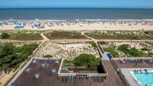 A beach view from a hotel with a pool, sun loungers, and a beach area with umbrellas. - Adorable one bedroom oceanfront with a pool (Ocean City)