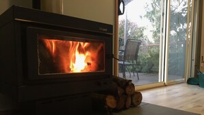 A wood-burning stove with logs in front, a glass door, and a view of the outdoors.