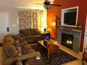 Smart TV, fireplace, DVD player, books