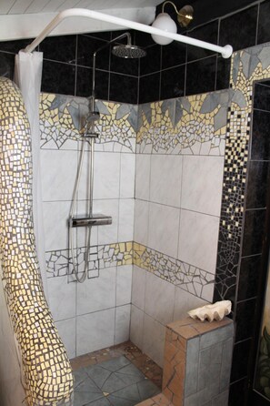 Regadera, secadora de cabello, toallas, papel de baño 