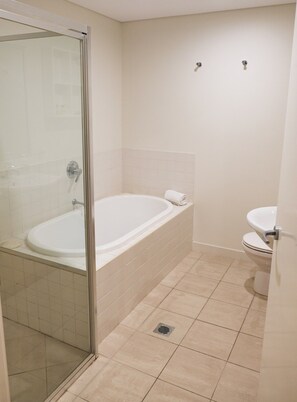 Bathtub, towels, toilet paper