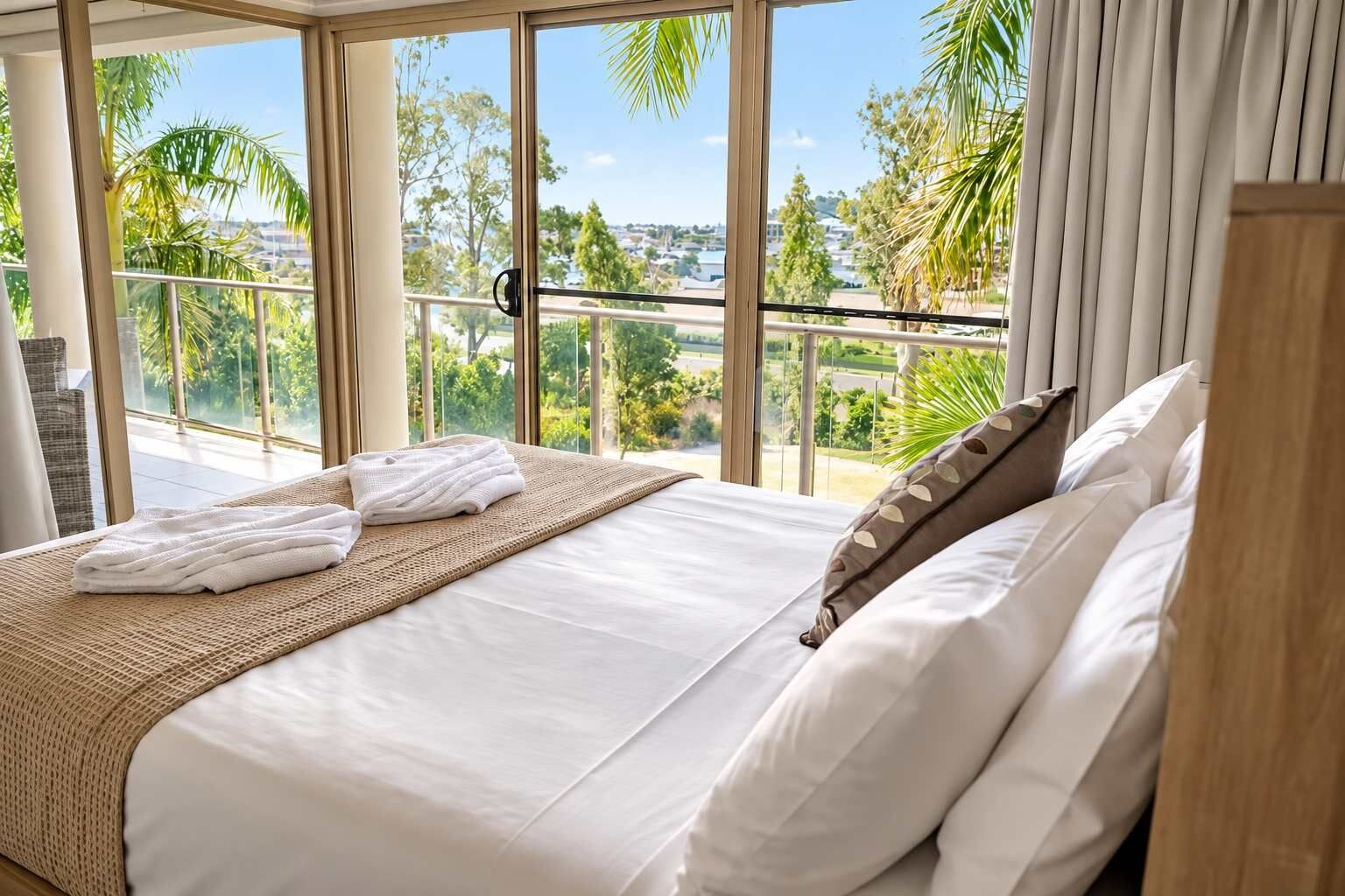 A hotel room with a large bed, a view of palm trees and a cityscape through floor-to-ceiling windows, and a balcony with a railing.