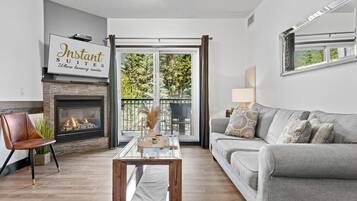 TV, fireplace, books