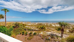 A beach view with dunes, palm trees, and a clear sky.