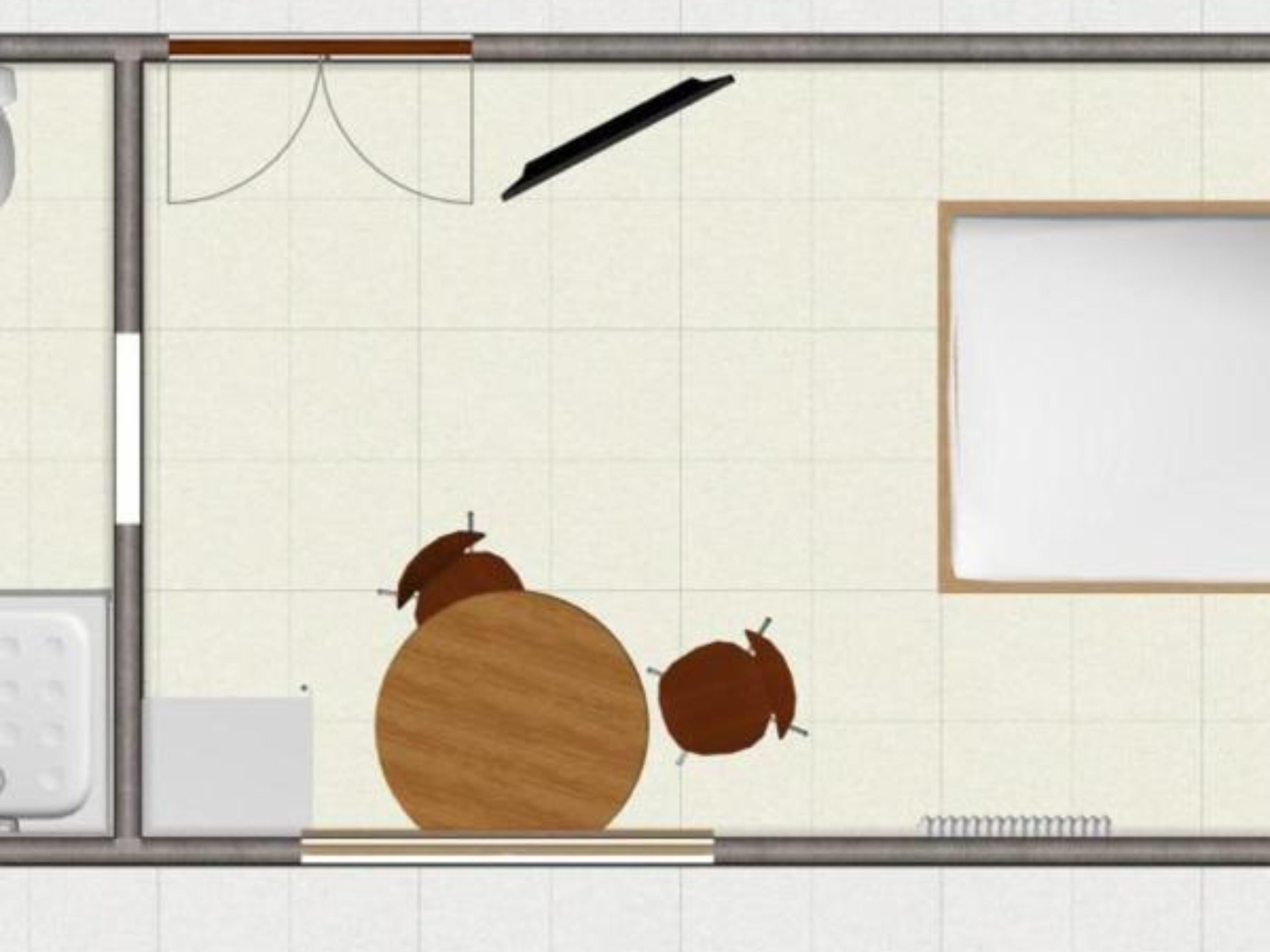 A kitchen with a large wooden table, a whiteboard, and a blackboard.