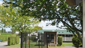 A playground with a trampoline and a swing set, surrounded by green grass and trees. - Otorohanga Kiwi Holiday Park (Otorohanga)