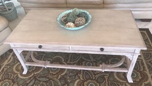 A beige sofa with patterned cushions, a light-colored coffee table with a decorative bowl, and a patterned carpet. - Best deal on the beach/sleeps 6/All New/Gulf views!/55 inch TV (Indian Shores)