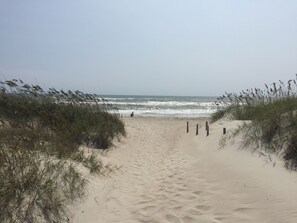 Ein Sandweg am Strand mit Grasränder, der zum Meer führt.