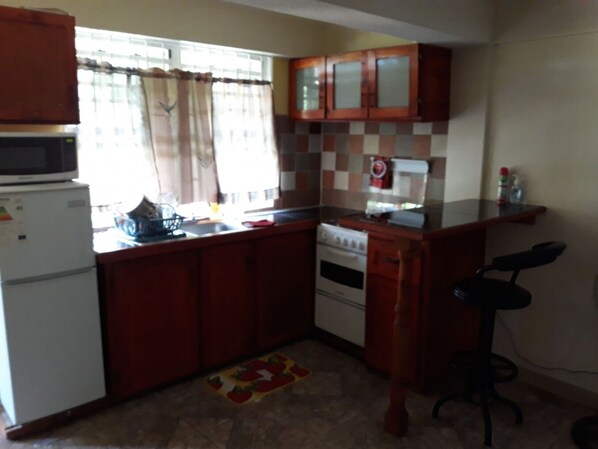 A compact kitchen with a refrigerator, microwave, stove, and wooden cabinets. - Home Style Apartments your home away from home apartment only 5 minutes away  (Roseau)