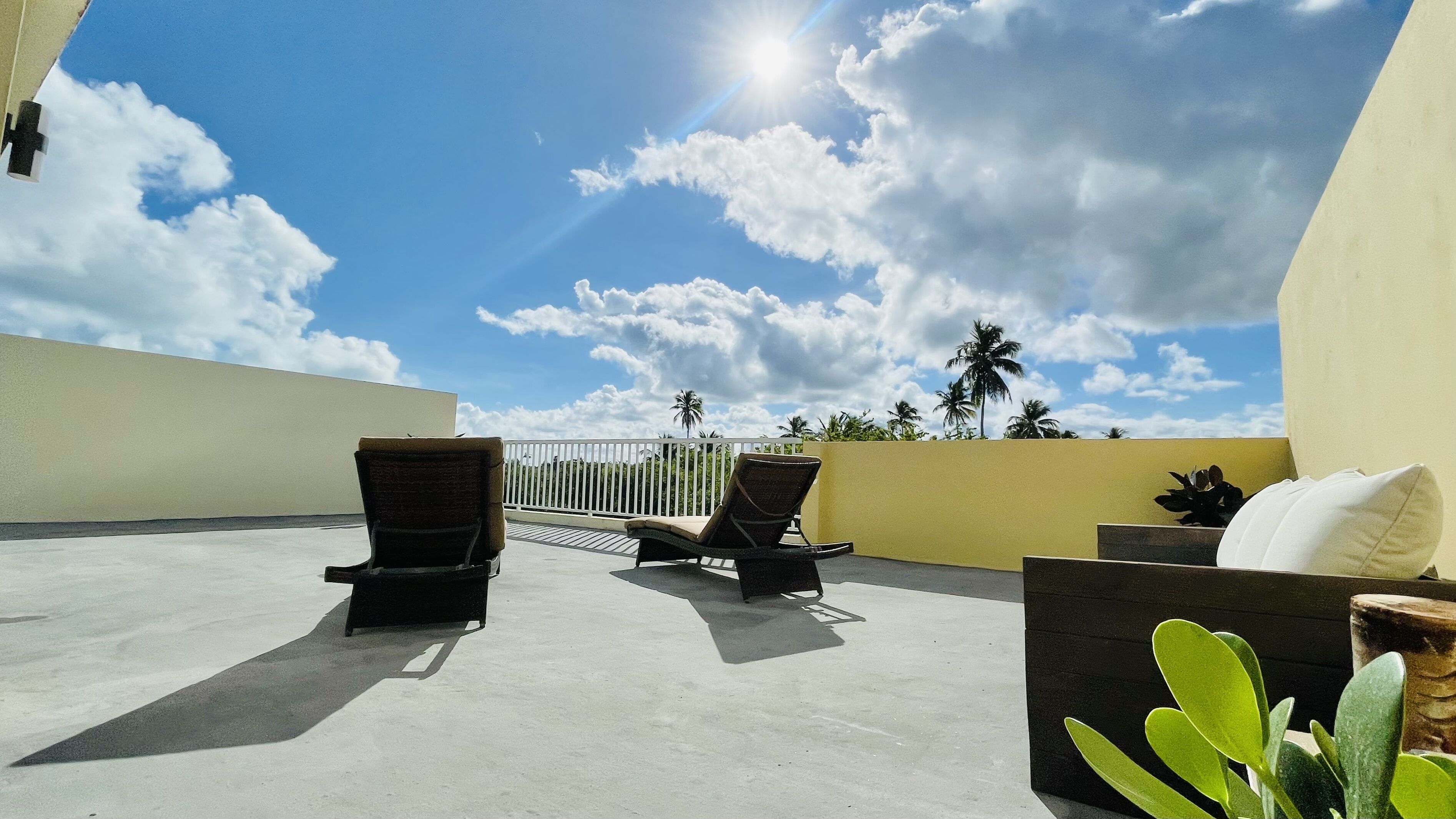 A rooftop terrace with two lounge chairs, a white railing, and a view of palm trees and the sky.