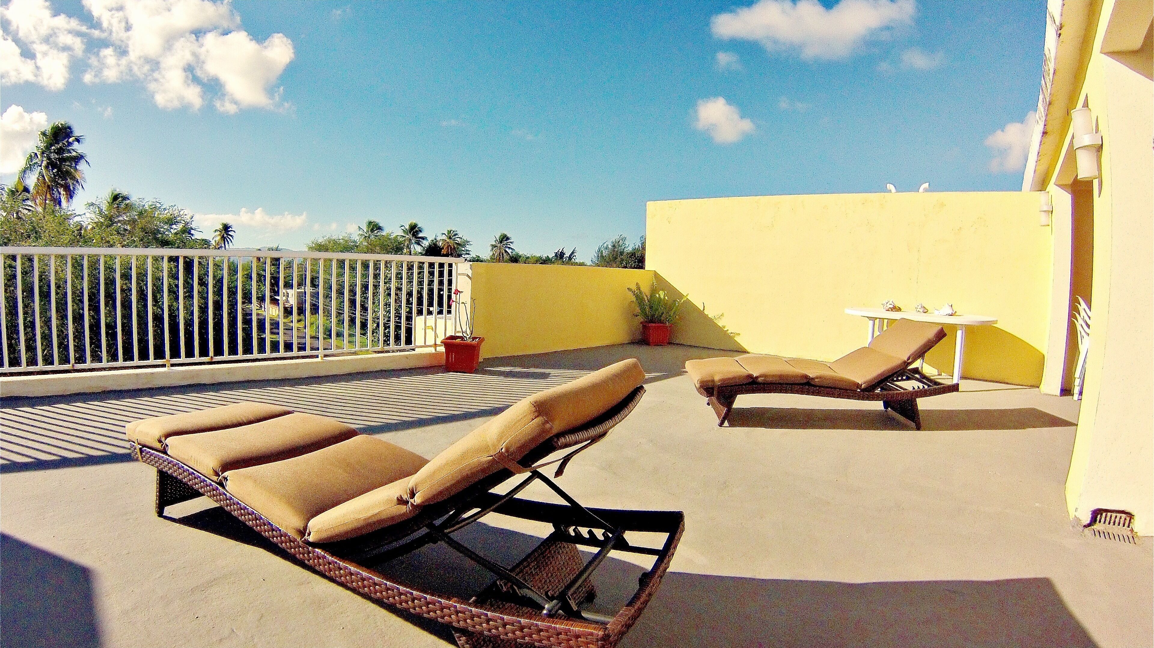 A rooftop terrace with two sun loungers, a small table, and a potted plant.