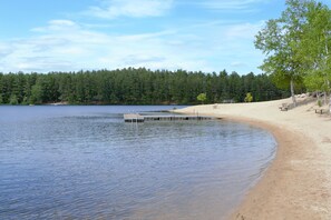 A lakeside beach with a wooden dock extending into the water, surrounded by dense forest.