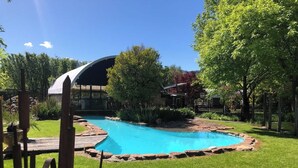 A backyard with a swimming pool, surrounded by a stone border, a covered patio, and various trees. - TreeTops House near Bright with Mtn & pool views (Tawonga South)