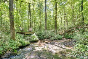 A forested area with a small wooden deck and chairs overlooking a stream.