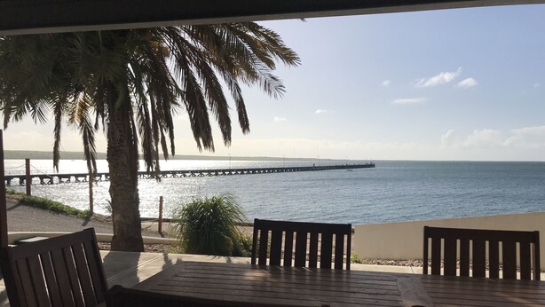 A seaside patio with wooden tables and chairs, a palm tree, and a view of the ocean and pier. - Beachside & Jetty View Apartment 6 ( Captains Apartment)  (Streaky Bay)