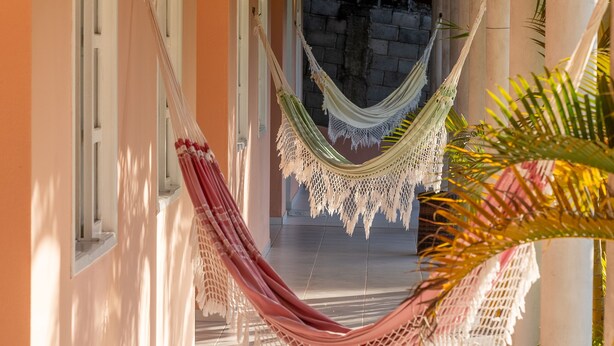 A corridor with a wooden ceiling, a hammock, and a palm tree. - Pousada Recanto Trancoso (Porto Seguro)