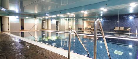 Indoor pool, open 2:00 PM to 6:00 PM, sun loungers
