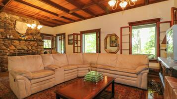 TV, fireplace, DVD player, books