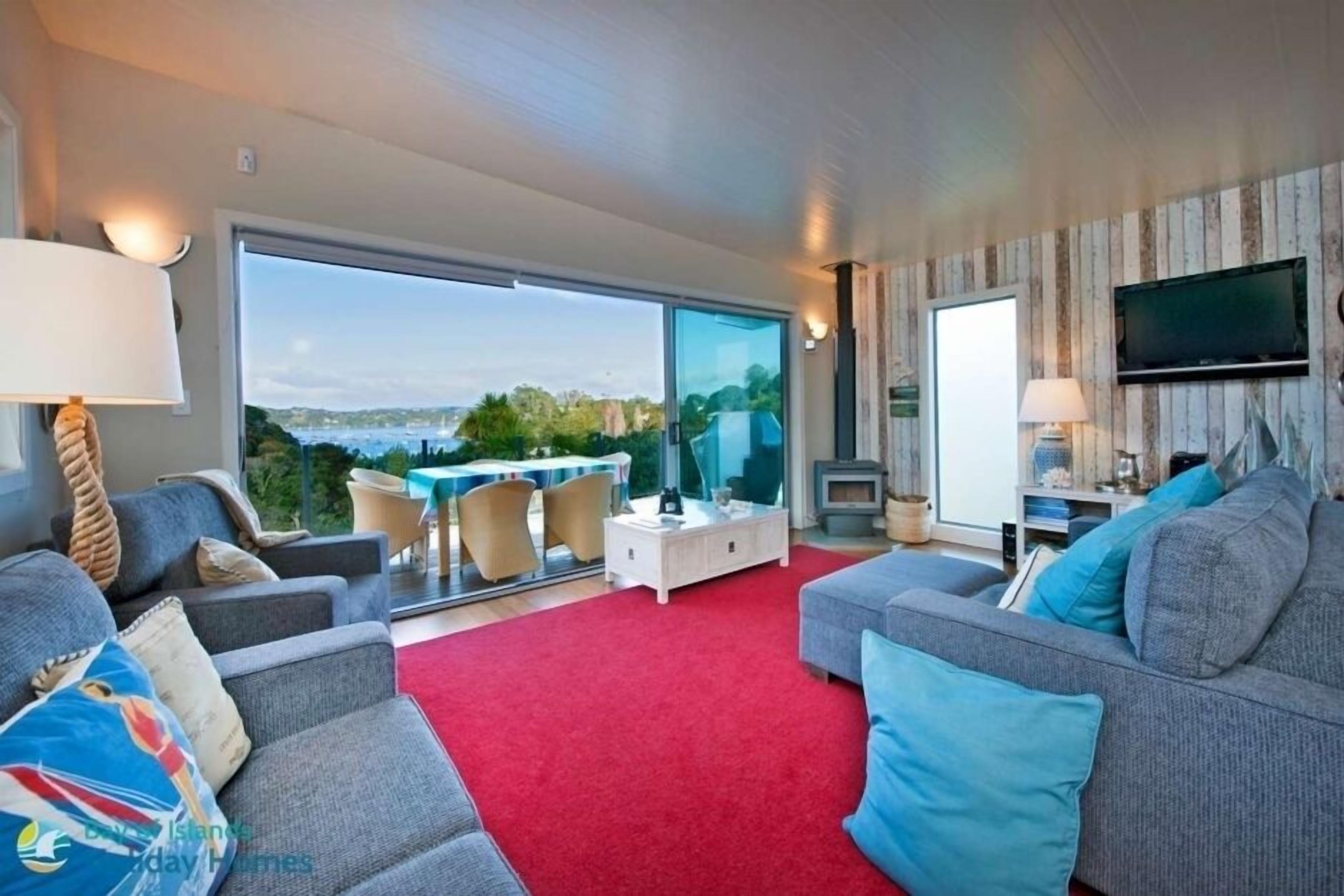 LCD TV, fireplace, DVD player, stereo