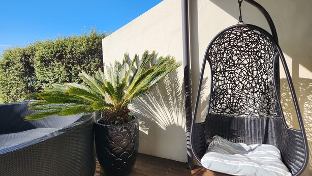 A patio with a wicker chair and a potted plant.