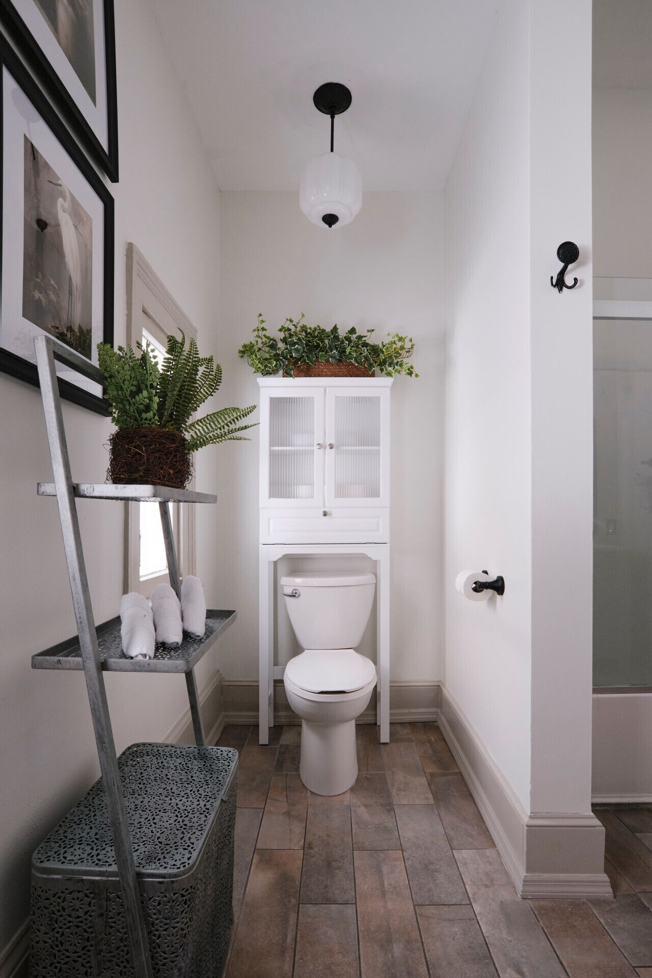 Un baño pequeño con un inodoro blanco, un armario blanco con puertas de cristal, una estantería metálica con plantas y una lámpara colgante.