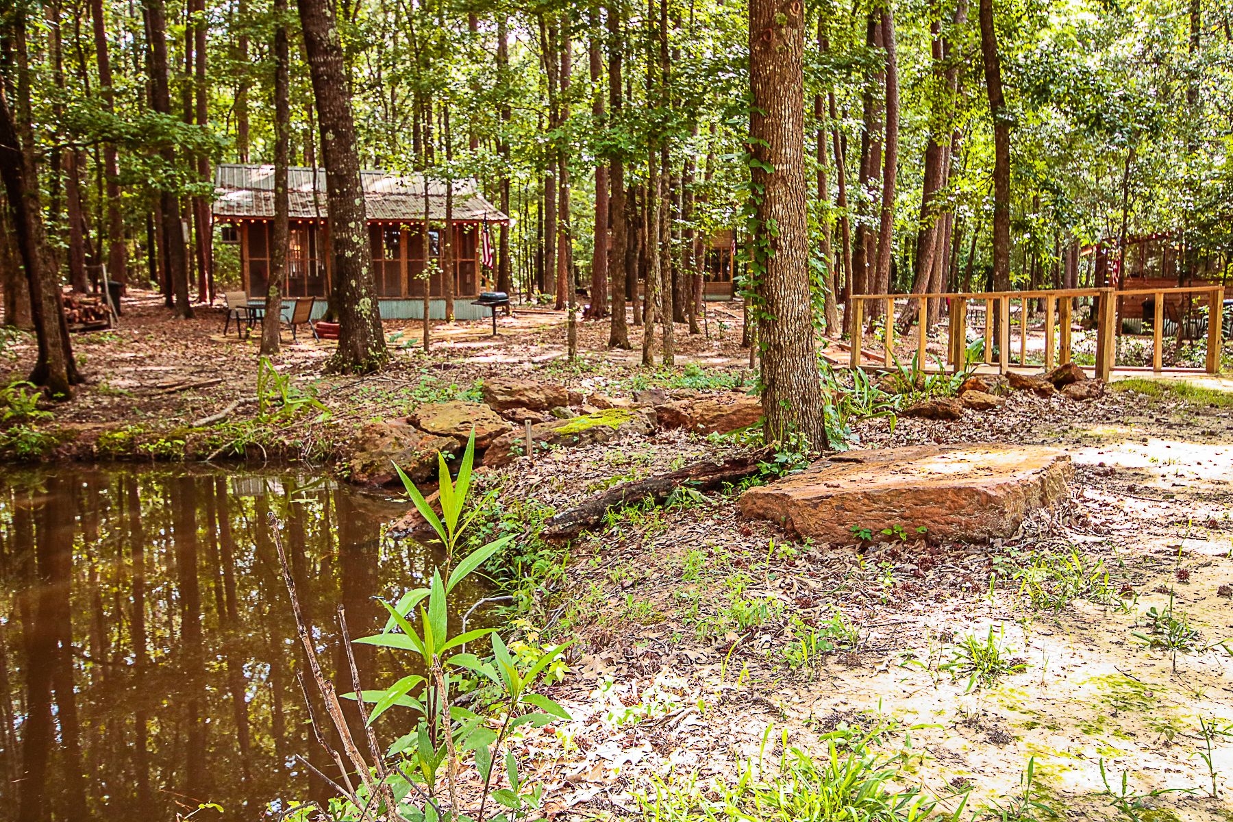 Eine rustikale Holzhütte mit Metall-Dach, umgeben von einem Waldgebiet mit Teich und einer Holzterrasse.