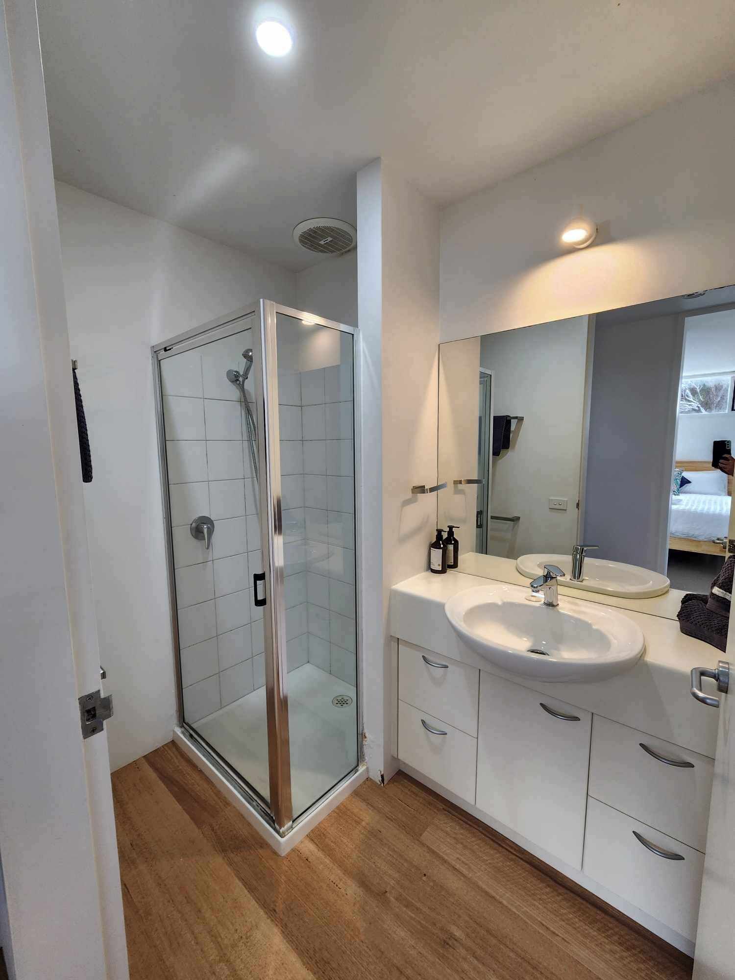 Shower, towels, soap, toilet paper