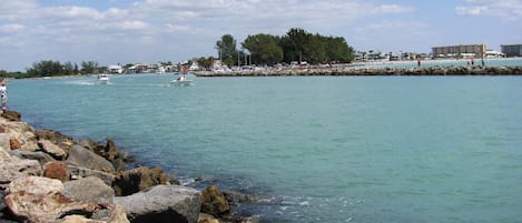 On the beach, sun-loungers, beach towels