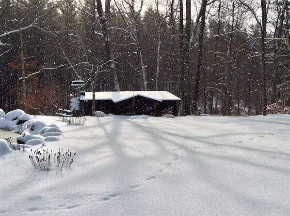 A snow-covered landscape with a cabin surrounded by trees. - The Lehigh Cabin - Riverfront Escape- 1 mile private river (Blakeslee)