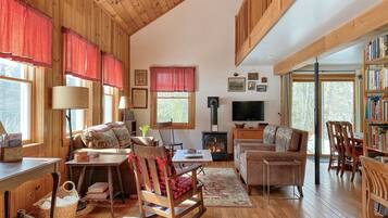 TV, fireplace, books, printers