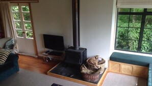 Una sala de estar acogedora con chimenea, televisor y rincones de descanso.