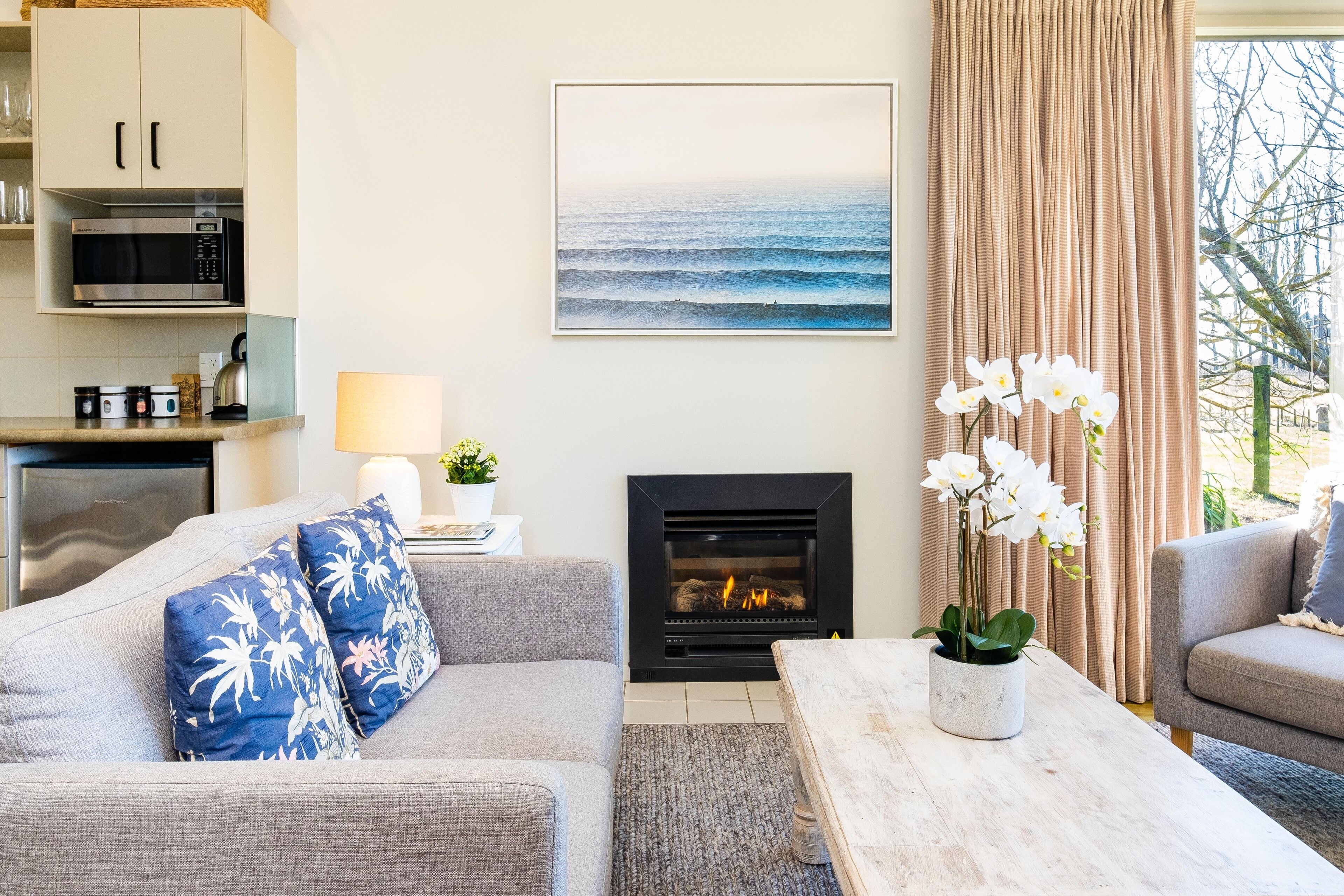Una televisión, una chimenea, un reproductor de DVD