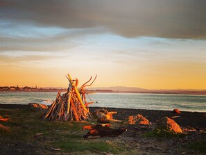 A natural landscape with a body of water, a rocky shore, and a pile of driftwood.
