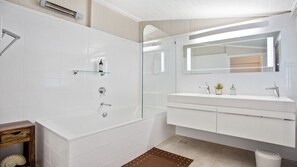 Hair dryer, towels, soap, toilet paper