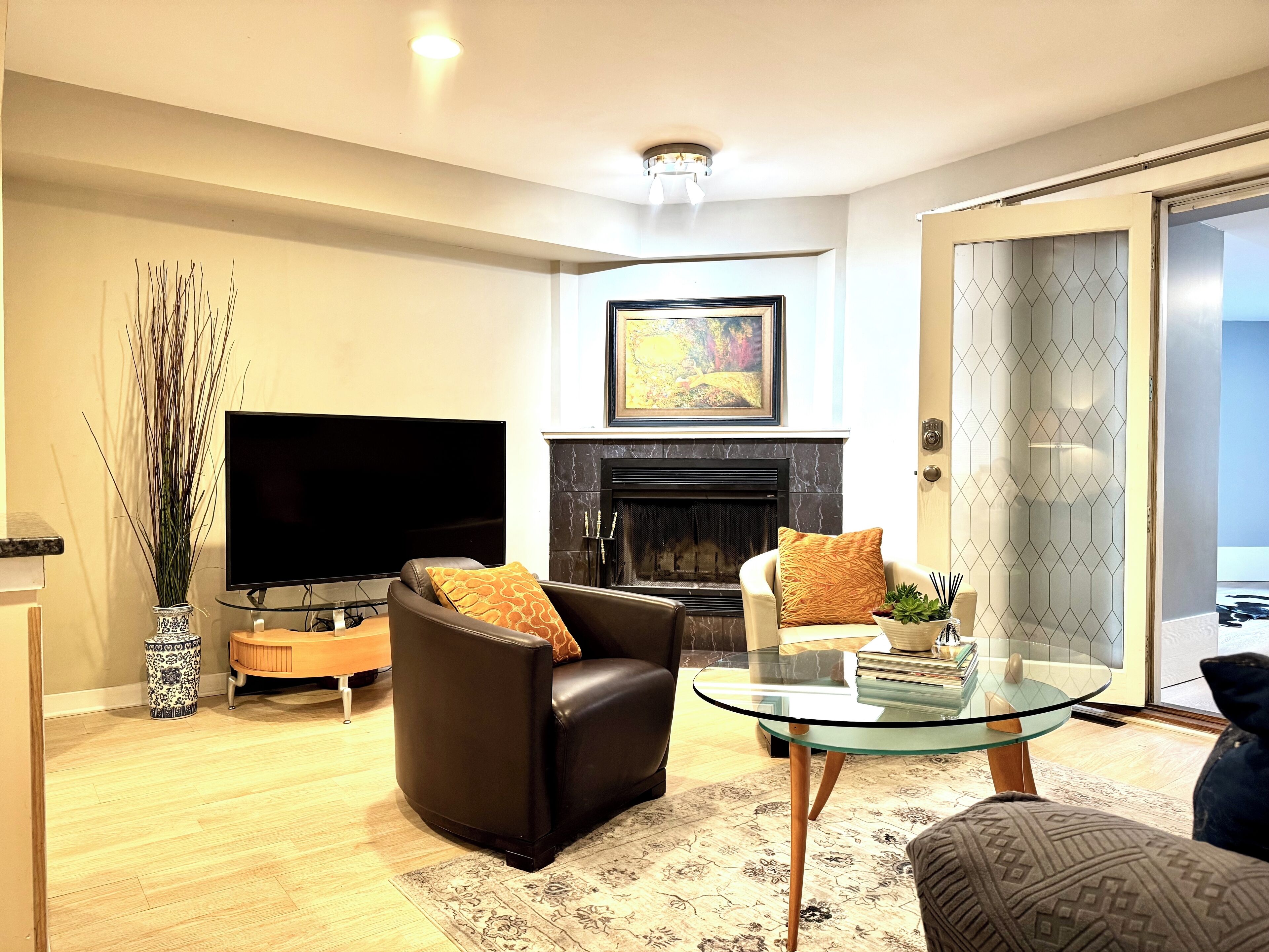 Smart TV, fireplace, toys, books