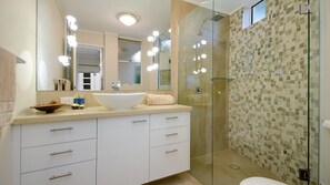 Combined shower/bathtub, free toiletries, hair dryer, towels