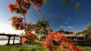 A coastal hotel with a bridge, palm trees, and a body of water. - Luxury Beachfront Condo! 3BD Condo for rent in Los Muertos Beach, Puerto vallart (Puerto Vallarta)