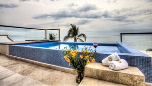 Uma área de piscina com vista para o oceano, uma palmeira e um vaso de flores.