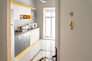 Fridge, microwave, stovetop, coffee/tea maker