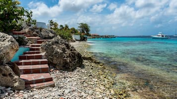 On the beach, sun loungers, beach towels