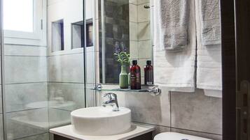 A bathroom with a glass shower enclosure, a white sink, and a toilet.