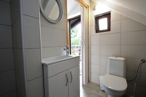 Een badkamer met toilet, wastafel en spiegel.