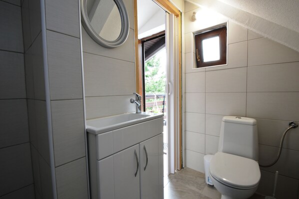 Une salle de bain avec des toilettes, un lavabo et un miroir.