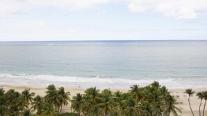 Una playa con palmeras y una vista despejada del océano.
