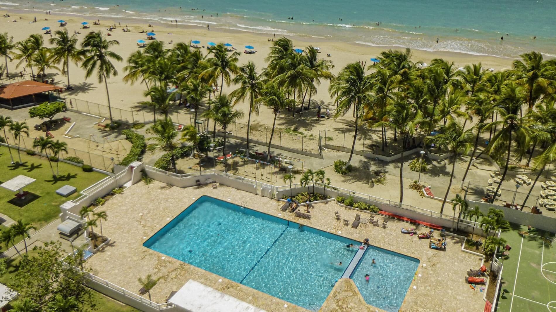 A beachside hotel with a swimming pool, palm trees, and a beach view.
