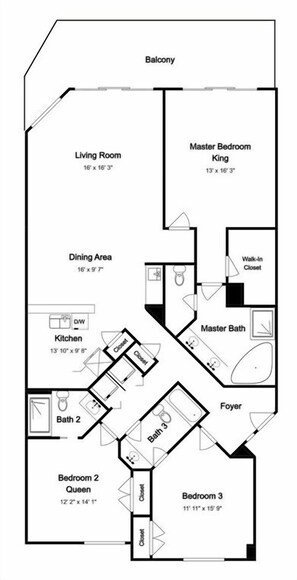 A floor plan of a hotel room with a balcony, living room, dining area, kitchen, master bedroom, master bath, walk-in closet, three bathrooms, and two guest bedrooms.