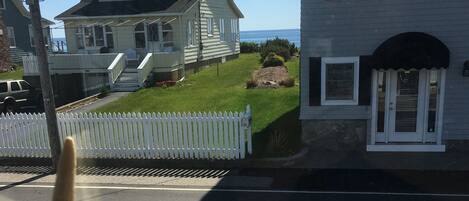 A residential street with houses, a white picket fence, and a starfish decoration on a window sill.