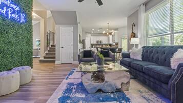 Smart TV, fireplace, foosball, table tennis