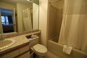 A bathroom with a sink, toilet, mirror, and shower. - Vacation Rental near Loon Mountain and Cannon! (North Woodstock)