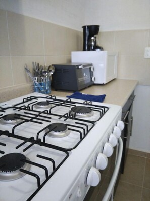 Full-size fridge, microwave, oven, stovetop